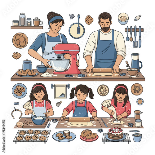 Family baking together in a cozy kitchen scene.