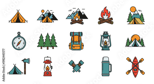 Camping and Outdoor Adventure Icon Set Vector Illustration Featuring Hiking Gear and Nature Elements for Travel Branding and Wilderness Exploration Design Projects