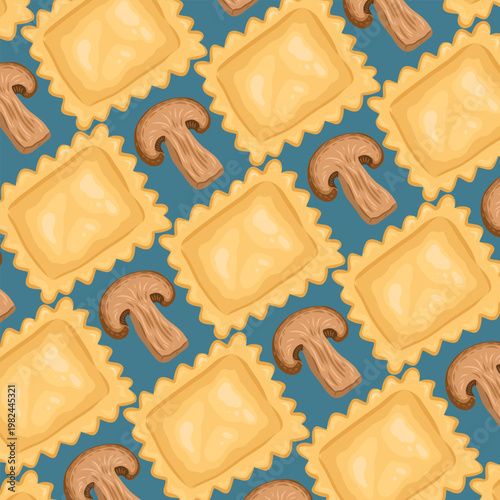 Mushroom and ravioli vector seamless pattern. Hand drawn staggered pasta and champignon on blue background. Traditional italian food for menu design. Organic kitchen ornament for wallpaper or fabric.