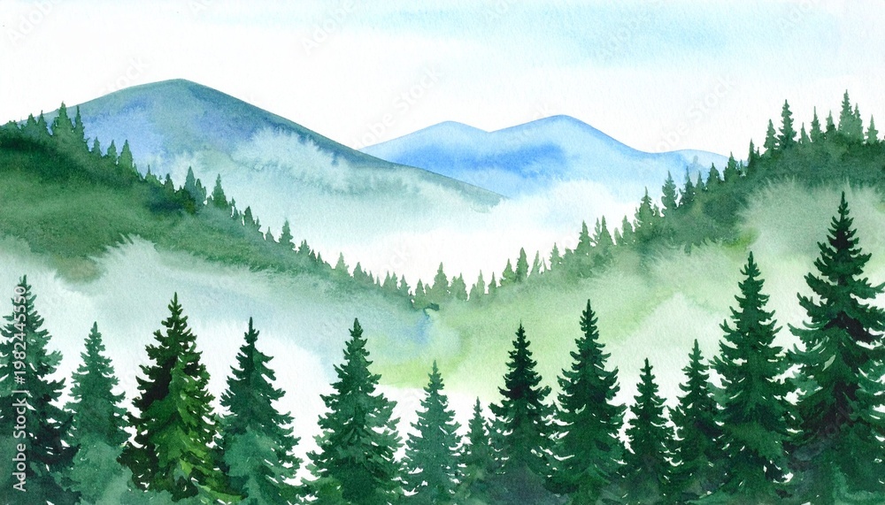 Fototapeta premium Watercolor forest and mountain landscape