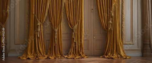 Velvet drapes with intricate gold embroidery adorn classic wooden rods in grand foyer ,  velvet,  grand