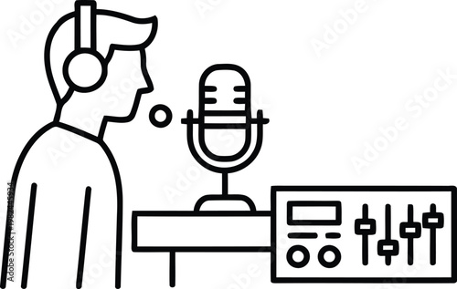 Podcaster or radio host speaking into a microphone with audio mixer