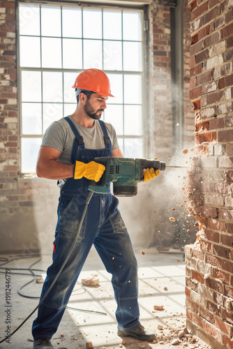 Professional construction worker using demolition jackhammer to break an old brick wall