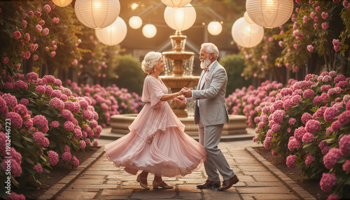 Senior couple dancing romantically in elegant garden with pink hydrangeas and lanterns