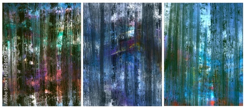 Set of dark abstract grunge posters with hand painted paint strokes, dark colorful wallpapers bundle, triptych, combo of posters in dark blue purple green, abstract interior posters with lines