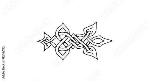 Black and white illustration of an intricate Celtic knot design with a floral motif, creating a symmetrical pattern