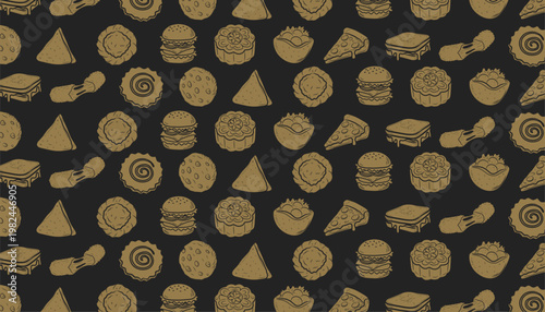 Food Pattern Design. Mixed Snack Illustration Set. Fast Food seamless And Pastry Motif. Handdrawn Monochrome Style. Background For Packaging Textile.