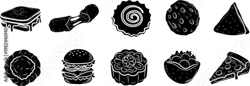 Mixed Snack Illustration Set. Fast Food And Pastry. Silhouette Food