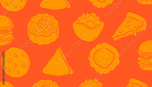 Food Pattern Design. Mixed Snack Illustration Set. Fast Food seamless And Pastry Motif. Handdrawn Monochrome Style. Background For Packaging Textile.