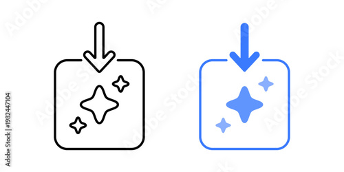 Input signal receive symbol. Arrow entering rounded square with sparkle element. AI input reception and data entry concept. Simple geometric illustration.