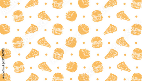 Food Pattern Design. Mixed Snack Illustration Set. Fast Food seamless And Pastry Motif. Handdrawn Monochrome Style. Background For Packaging Textile.