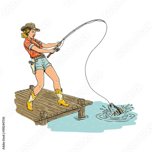 Cowgirl Catching Fish Action with Fishing Rod Dynamic Outdoor Illustration