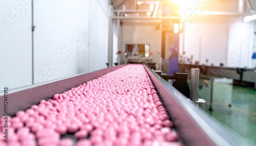 Pharmaceutical manufacturing process of pink pills on an automated conveyor belt in a modern factory setting with bright lighting
