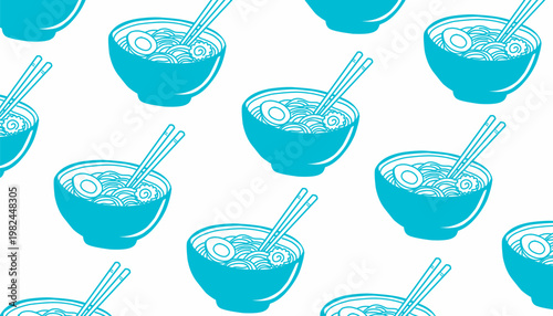 Ramen Pattern Design. Japanese Noodle Bowl seamless Illustration. Detailed Toppings Food Motif. Handdrawn Culinary Style. Background For Packaging Branding.