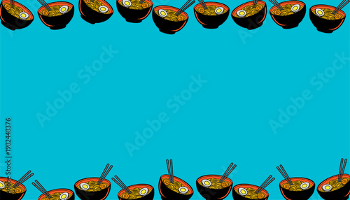 Ramen Pattern Design. Japanese Noodle Bowl Illustration. Detailed Toppings Food Motif. Handdrawn Culinary Style. Background For Packaging Branding.