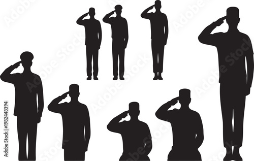 Silhouettes of Soldiers Saluting in Various Poses and Uniforms