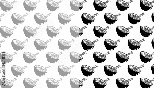 Ramen Pattern Design. Japanese Noodle Bowl seamless Illustration. Detailed Toppings Food Motif. Handdrawn Culinary Style. Background For Packaging Branding.