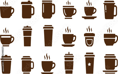 Collection of various coffee cups and mugs, brown icons set