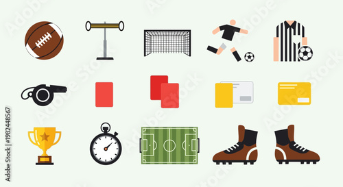 Soccer and American Football Icons: Goal, Ball, Referee, Whistle, Trophy, Field