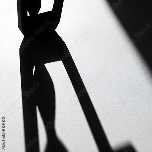 Black and white image depicts a unique shadow formed by folded paper. It resembles a figure with long legs, arms, and a head. Light highlights its form