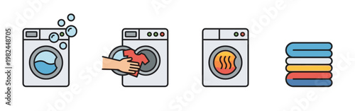 Flat Outline Vector Icons Set of Washer Machine, Hand Loading Clothes, Dryer, and Stack of Folded Towels for Laundry Service Concept