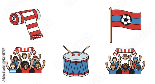 Soccer Fan Gear: Scarf, Flag, Drum, and Cheering Crowd