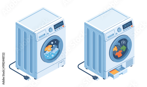 Isometric Washer and Dryer Machine Vector Illustration for Laundry Service with Washing and Drying Concept