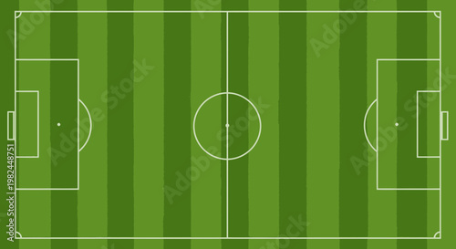 Soccer Field Top View: Green Grass, White Lines, Goals, Center Circle