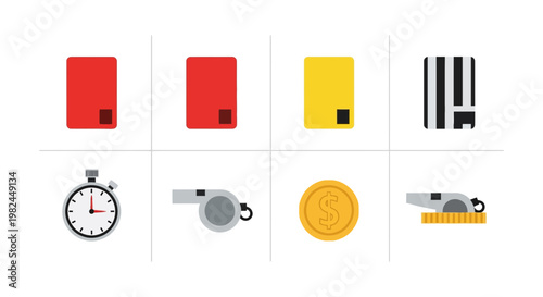 Soccer Referee Equipment Icons: Red Card, Yellow Card, Whistle, Stopwatch, Coin