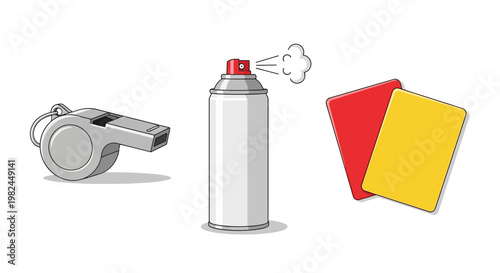 Soccer Referee Equipment: Whistle, Spray Can, Yellow and Red Cards