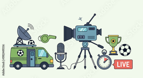 Sports Broadcasting Equipment: Van, Camera, Trophy, Stopwatch, Microphone, Whistle