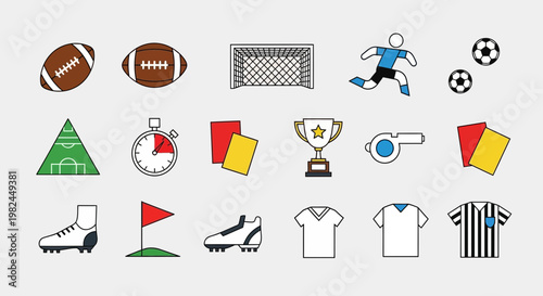 Sports Equipment Icons: Football, Soccer, Trophy, Whistle, Stopwatch, Cards