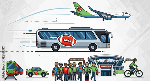 Sports Team Travel to Game - Bus, Plane, Train, Car, Bike, Stadium