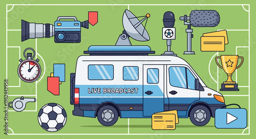 Live Broadcast Van, Soccer Field, Equipment for Sports Media Coverage