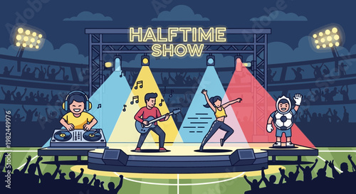 Halftime Show Entertainment: DJ, Band, Dancer, Mascot on Stadium Stage