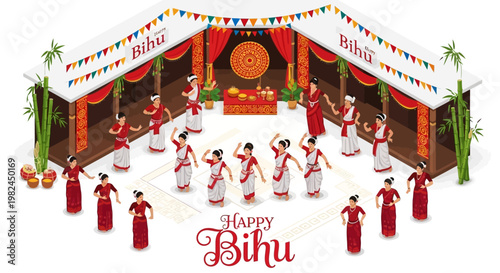 Isometric vector illustration of Bihu dance celebration showing women in traditional Assamese dress performing a folk dance against a white background, representing Assam's heritage