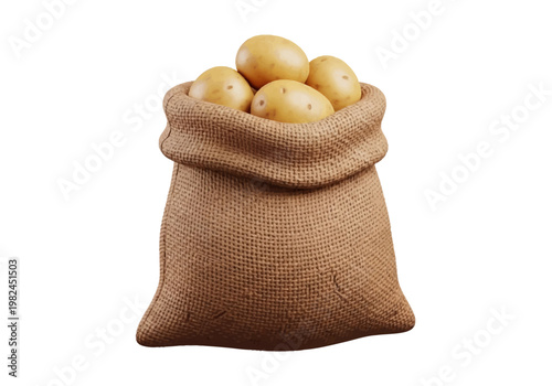 A burlap sack filled with fresh, raw potatoes, ready for harvesting or cooking, showcasing natural, organic produce