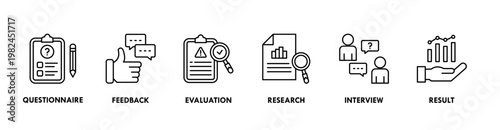 Survey banner web icon vector illustration concept for customer satisfaction questionnaire feedback with icon of evaluation, research, interview and result