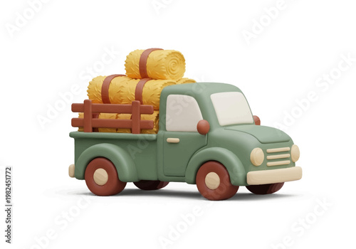 Cartoon style green pickup truck loaded with hay bales on white background