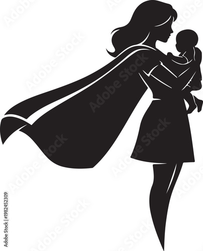 Silhouette of superhero mother holding a baby for Mother's Day,Mother's Day, Motherhood, Parenting, Family, Love, Nurturing, Bonding, Silhouette, Vector, Celebration, Affection, Care, Child, Maternal,