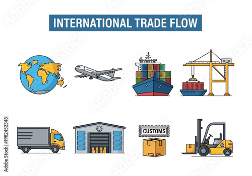 Global Logistics and International Trade Flow Icons Representing Shipping, Transportation, and Commerce