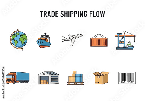 Global Trade and Shipping Logistics A Comprehensive Set of Icons Depicting Transportation and Commerce