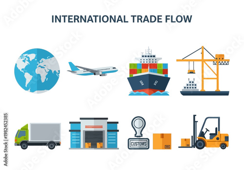 Global Logistics and International Trade Flow of Goods A Collection of Icons