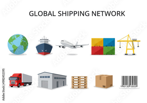 Global Logistics and Shipping Network Icons Illustrating Transportation and Warehousing