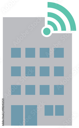Wi-Fi通信を表すビルのアイコン（インターネット・通信会社・カラー）