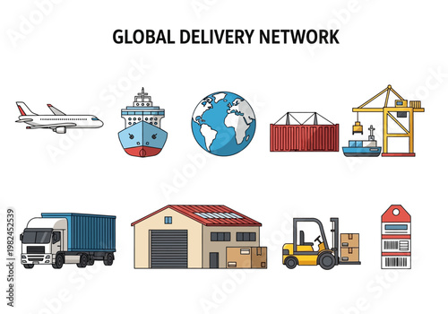 Global Logistics and Supply Chain Icons Transportation, Shipping, Warehousing, and Delivery