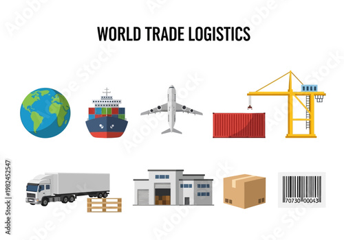 Global commerce and transportation illustrated Earth, ship, plane, truck, warehouse, and crane icons