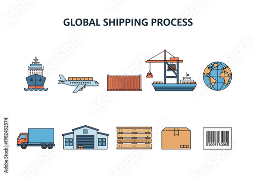 Global Shipping Process Icons Sea, Air, Land Freight and Logistics Illustrated