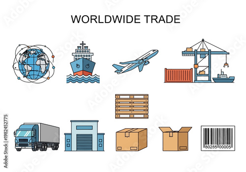 Global Commerce and Logistics Shipping, Air Cargo, Warehousing, and Distribution Icons