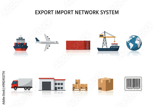 Global trade and logistics illustrated by icons shipping, air cargo, containers, and distribution